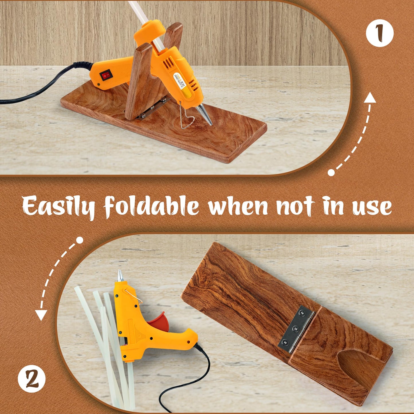 VTUNA Wooden Glue Gun Holder Stand, Hot Melt Adhesive Supporting Tool, Melting Glue Dispenser Foldable Base, Glue Applying Tool Holder