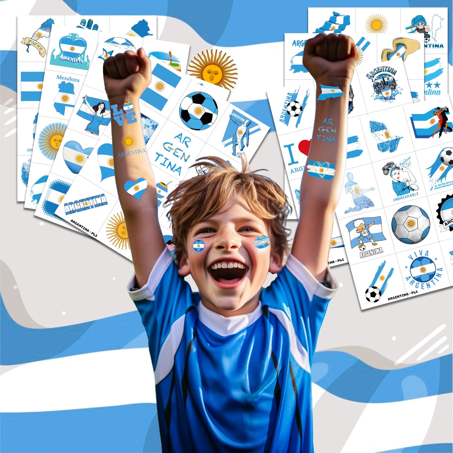 96 PCS Argentina Soccer Party Favors - Pre-Cut Temporary Tattoos Themed Birthday Party Decorations Supplies Decor Favors Football Blue Argentinian Tattoo Stickers Gifts For Game Boys Girls