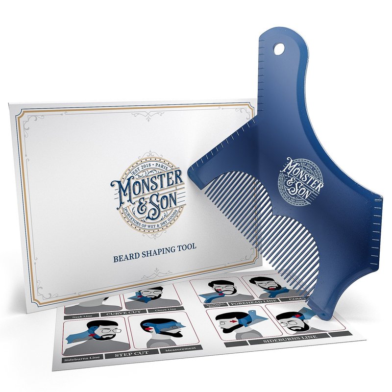 Monster&Son Beard Shaping Tool For Men - Classic Oversized Design (Blue Clear) - Lineup Stencil Shaper for Styling and Shaping - Alignment Guides for Perfect Symmetry