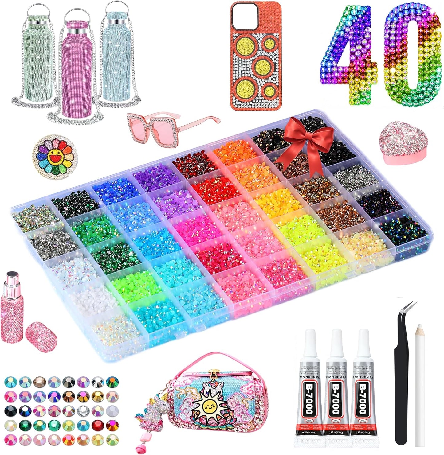 Rhinestones Bedazzling Kit - 40 Colors, 40000 Pcs 3mm Flatback Gems with B7000 Glue & Tools | Perfect for Nail Art, Crafts & More