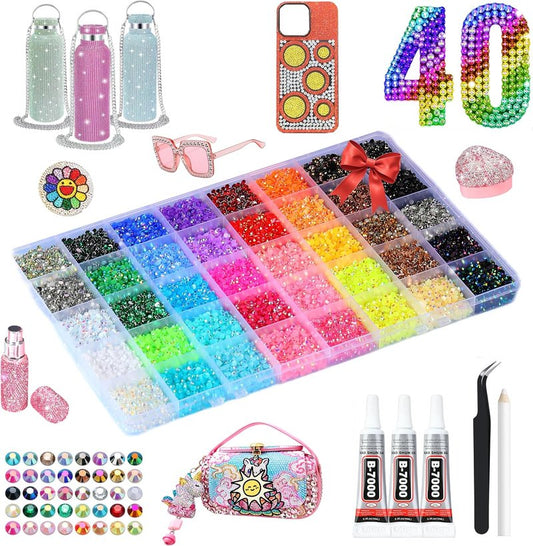 Rhinestones Bedazzling Kit - 40 Colors, 40000 Pcs 3mm Flatback Gems with B7000 Glue & Tools | Perfect for Nail Art, Crafts & More