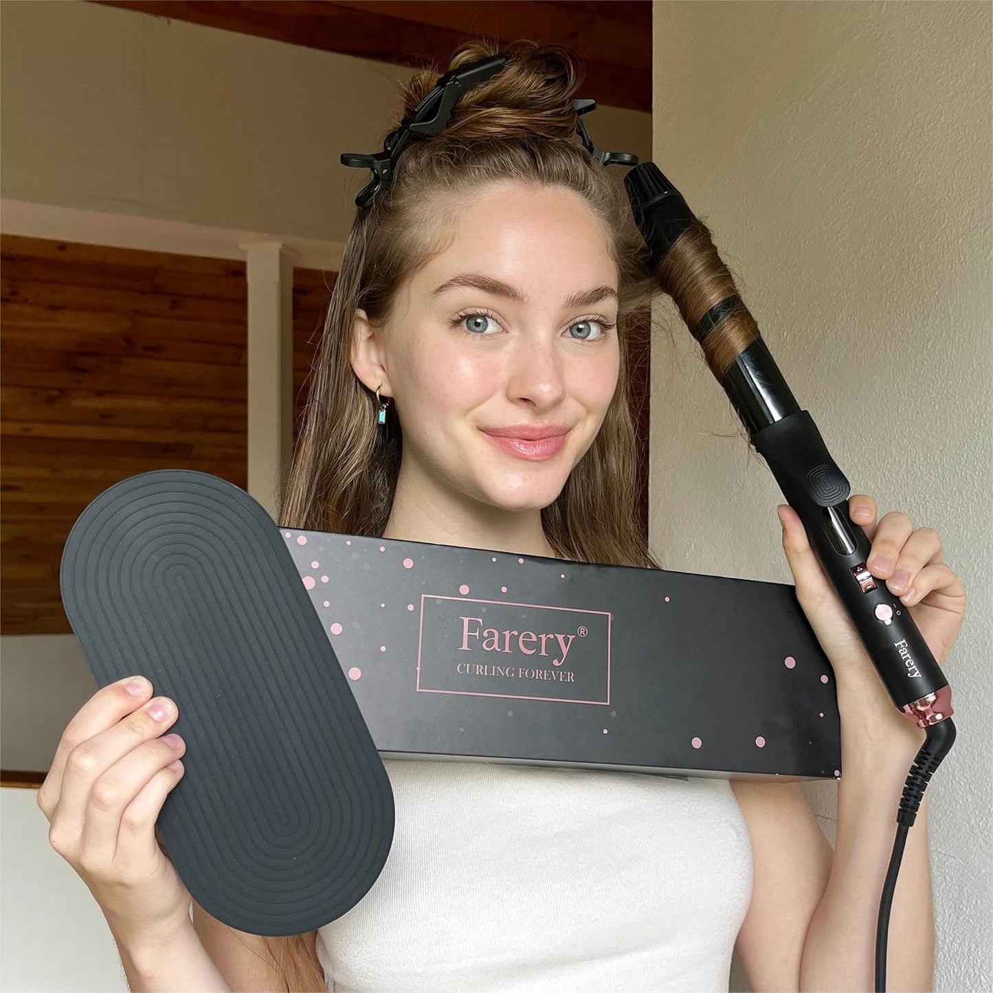 Farery Long Barrel Curling Iron - 1.25 Inch for Long Hair, Argan Oil Infused, 11 Adjustable Temps | Includes Clips & Silicone Pad