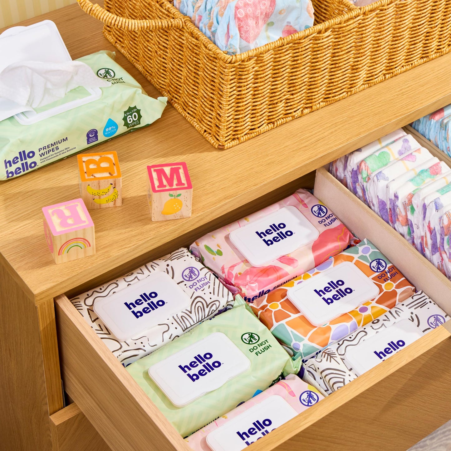 Hello Bello Premium Wipes, Designed for Sensitive Skin with Chamomile & Aloe Extracts, Flower Pop (18 Resealable Packets = 1080 Total Wipes)