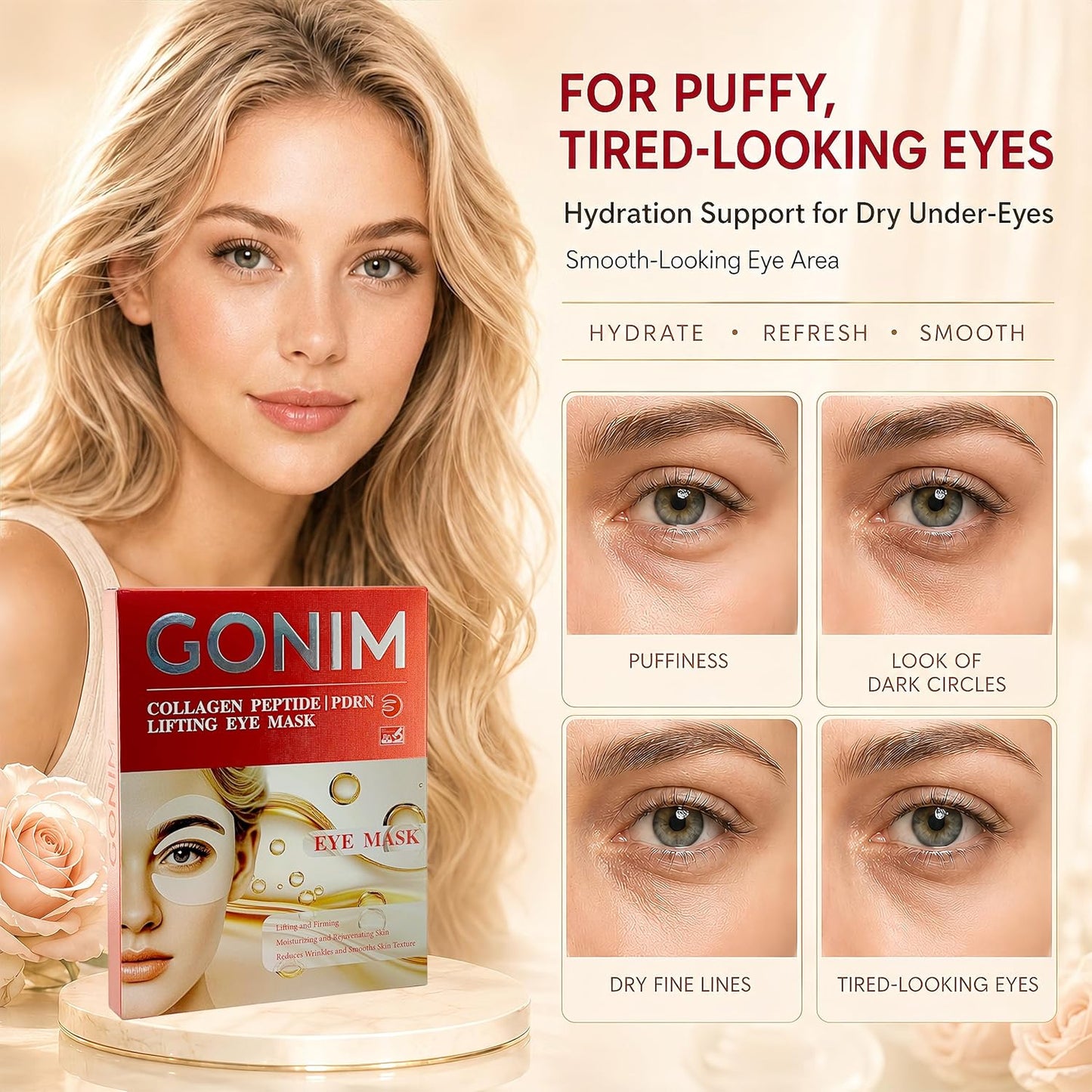 Under Eye Patches for Puffy Eyes & Dark Circles - Collagen Hydrogel Eye Mask | Caffeine & Retinol, 8 Pairs