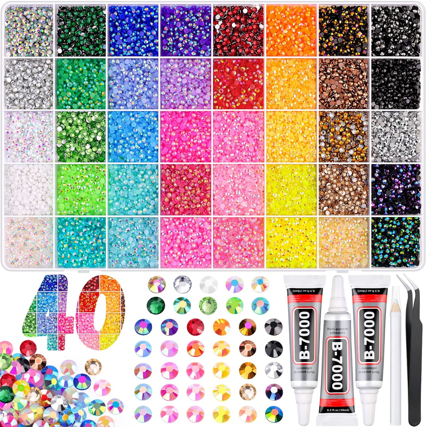 50000Pcs Jelly Rhinestones for Bedazzling Kit, Multi-Color 3mm Resin Flatback Gems with 3Pcs 10ml B7000 Jewelry Glue, Bedazzled Crystal for DIY Crafts Clothing Nail Art Makeup