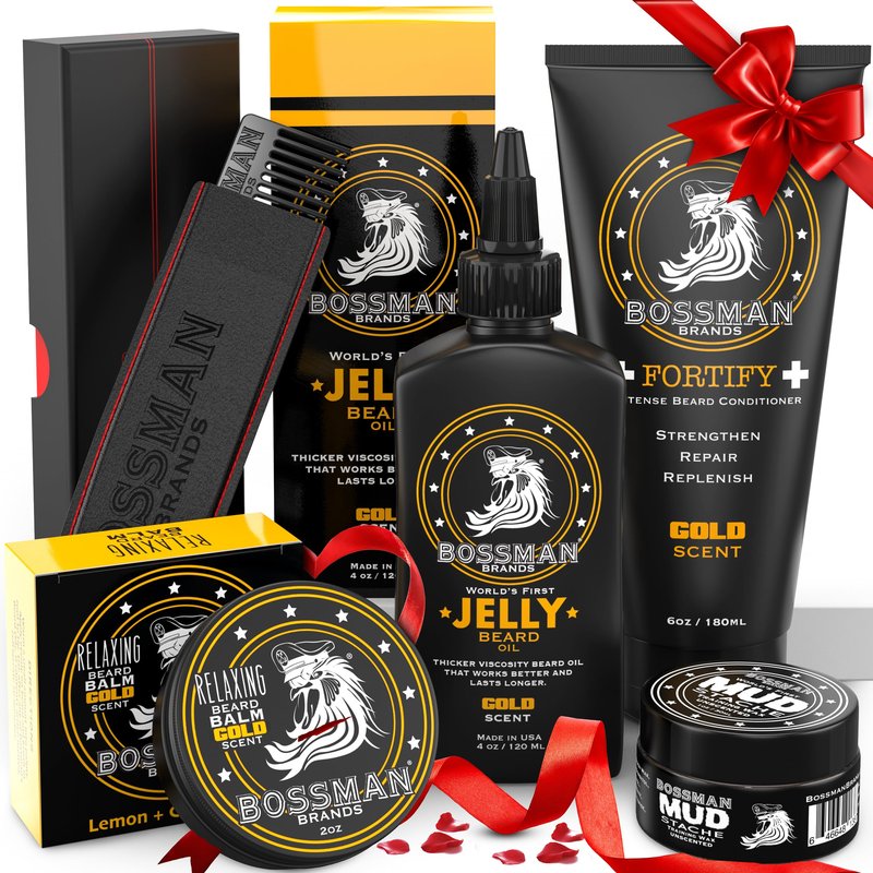 Bossman Complete Beard Kit – Men's Beard Oil Jelly, Fortifying Shower Conditioner, Balm, Mustache Wax & Comb – Beard Softener & Grooming Care (Gold Scent)