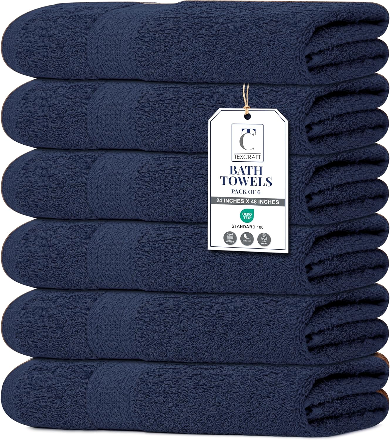 Large Bath Towels Set of 6 - 100% Cotton Terry, Quick Dry & Soft - 24" x 50", Grey for Bathroom, Gym & Spa