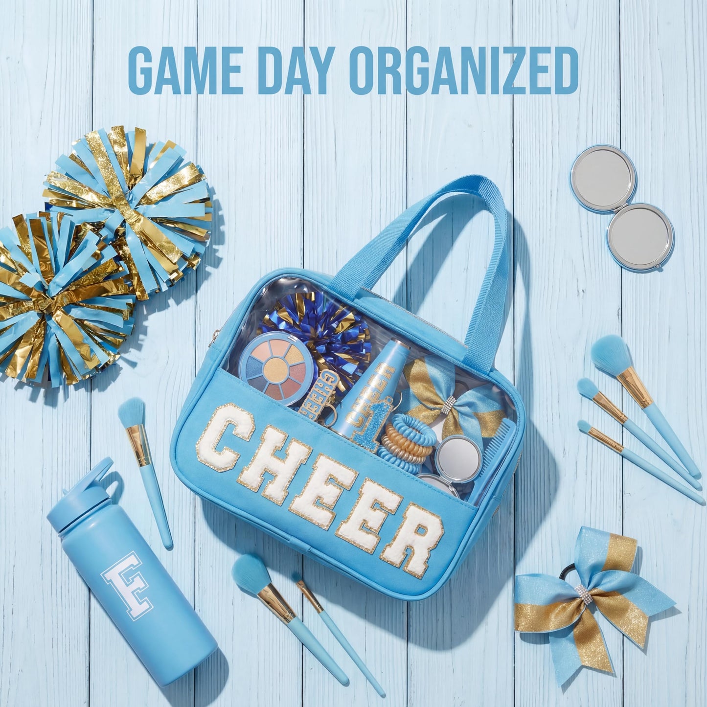 KYTACCU Cheer Makeup Bag Cheerleader Gifts Cheer Chenille Letter Cosmetic Bag Cheerleading Competition Accessories Clear Travel Toiletry Pouch for Girls Women-Sky Blue