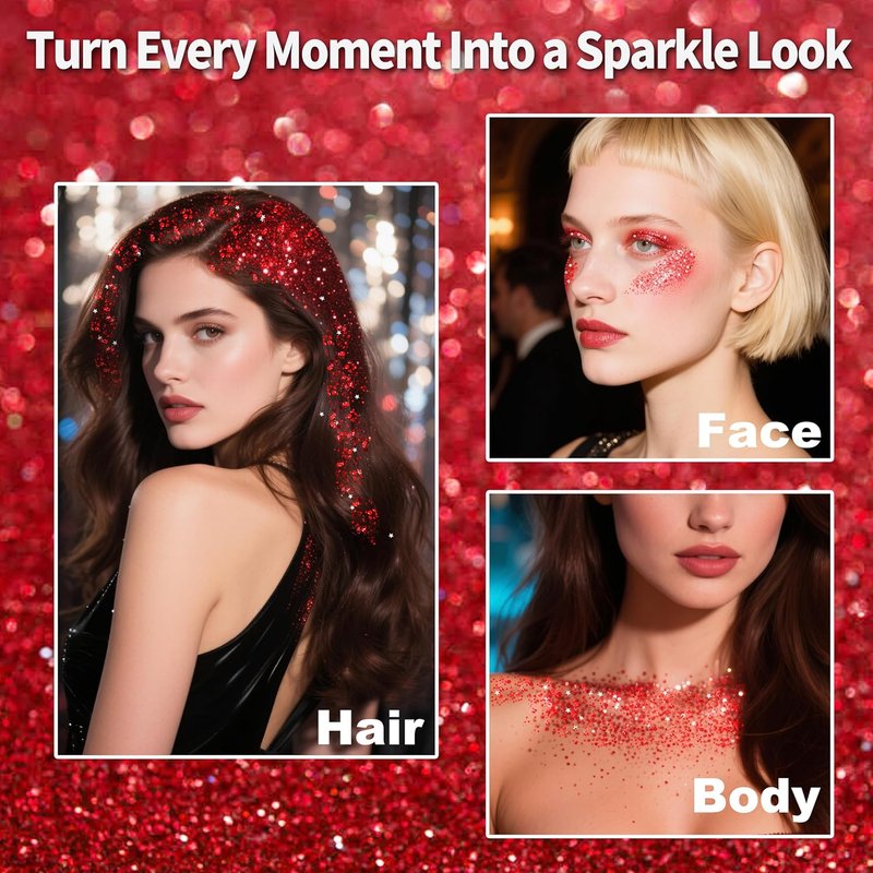 USA Flag Red Hair Glitter Stick - Waterproof Face & Body Glitter Makeup for Fourth of July | Patriotic Rave Accessories