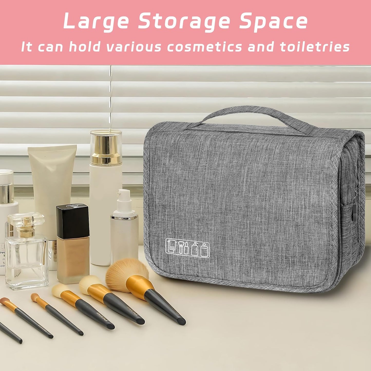 Toiletry Bag - Waterproof Hanging Travel Organizer for Men & Women | Small Cosmetic Makeup Bag (Grey)