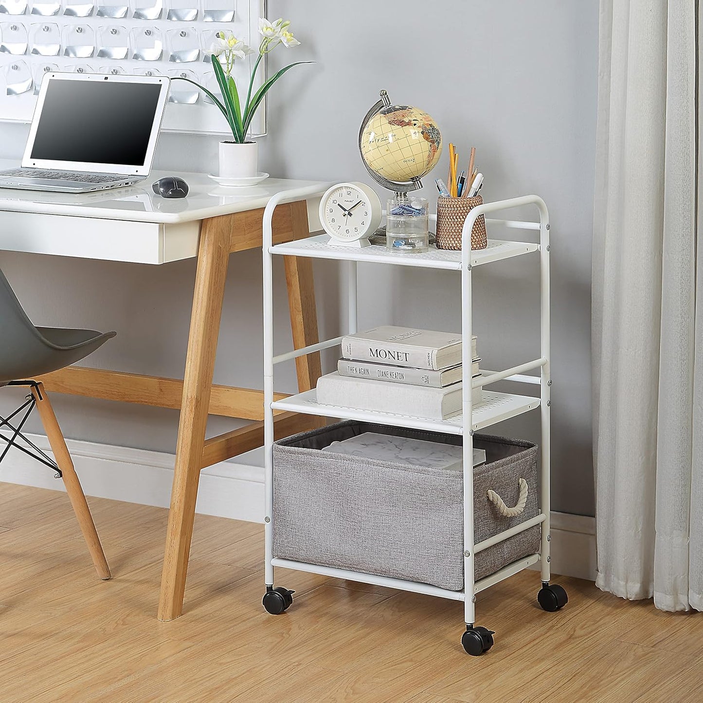 SunnyPoint 3-Tier Rolling Utility Cart - Metal Storage Organizer with Wheels | Mobile Kitchen & Office Organizer, White, 12"D x 16.92"W x 31.1"H