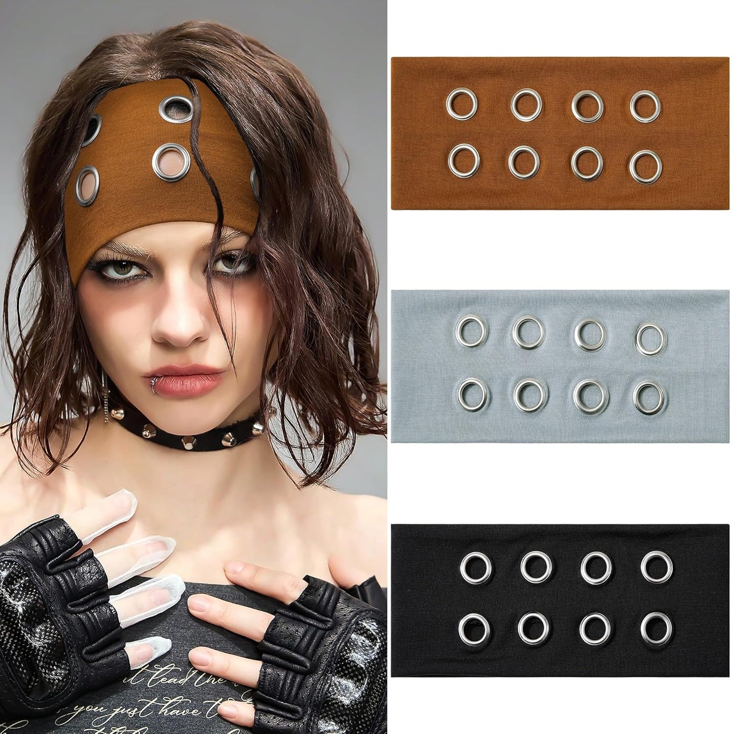 Fashion Grommet Wide Headbands for Women - Y2K Punk Grunge Style | 3 Pack in Black, Coffee, Light Gray (3.9" Wide)