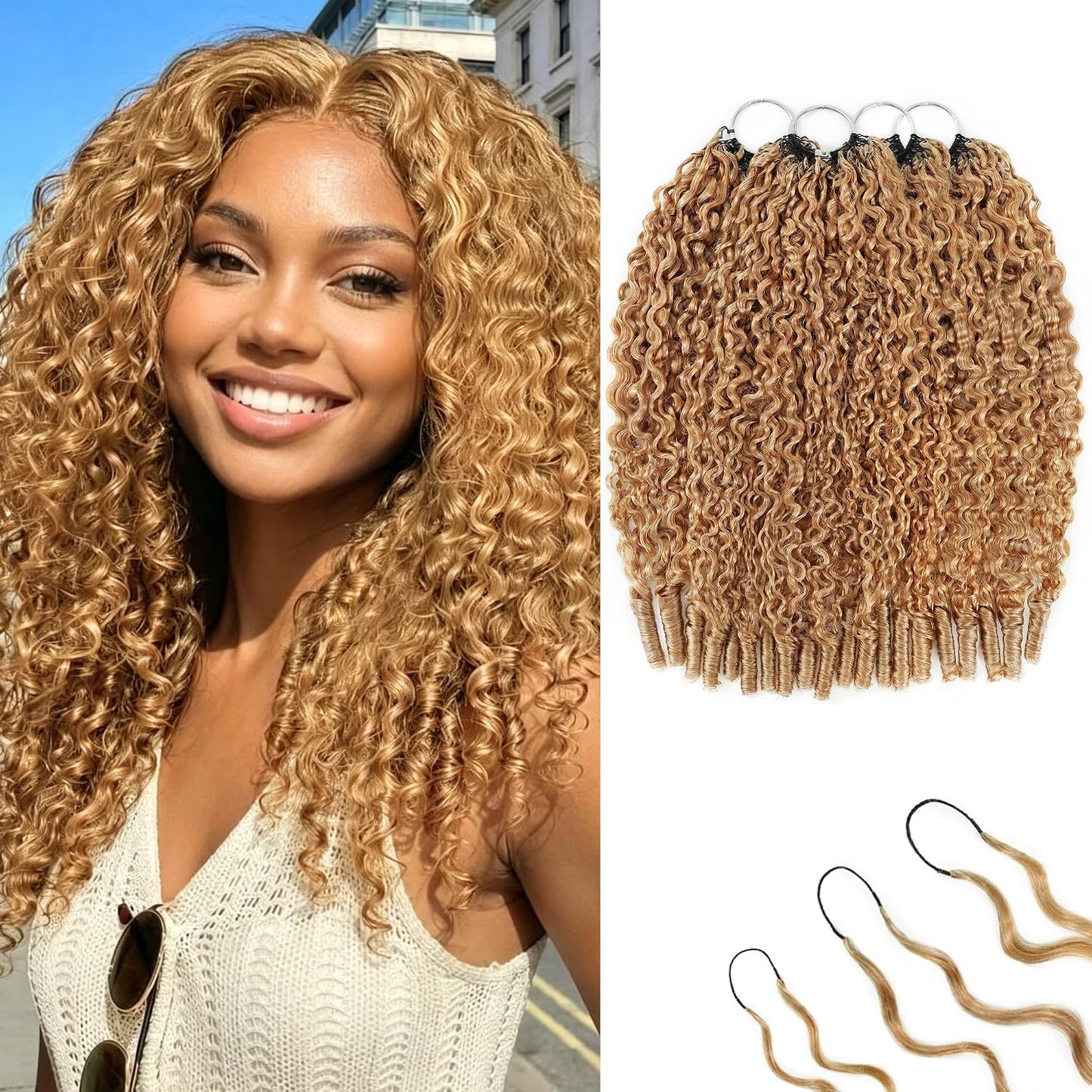 Honey Blonde Burmese Curly Crochet Hair Extensions - 12 Inch, 180g, Pre-Separated, Invisible Miracle Knots