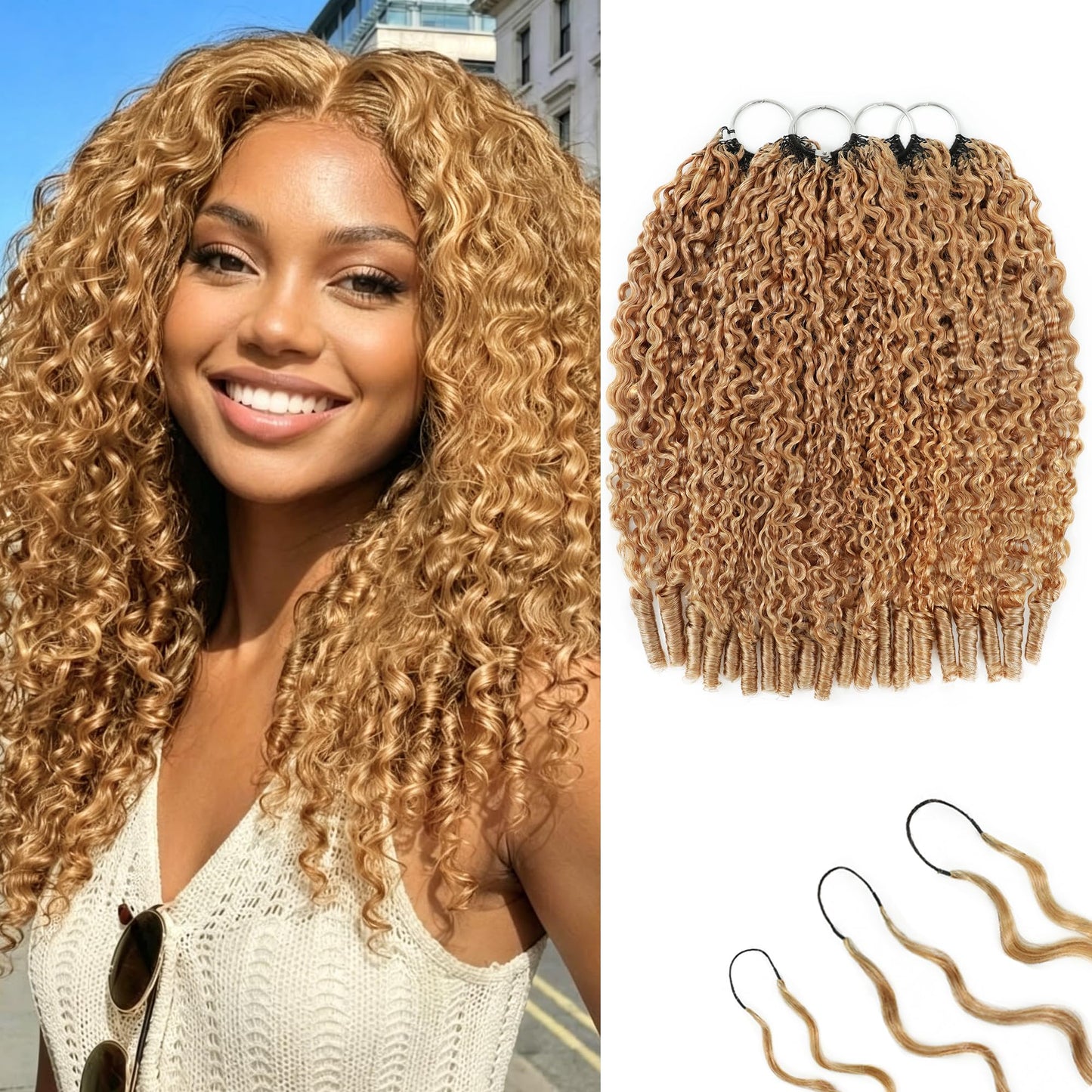 KULYMUWIG Honey Blonde Burmese Curly Crochet Human Hair 16 Inch 240g Invisible Pre-Separated Feather Crochet Human Hair Bundles 27# Reusable Lightweight Miracle Knots Hair Extensions