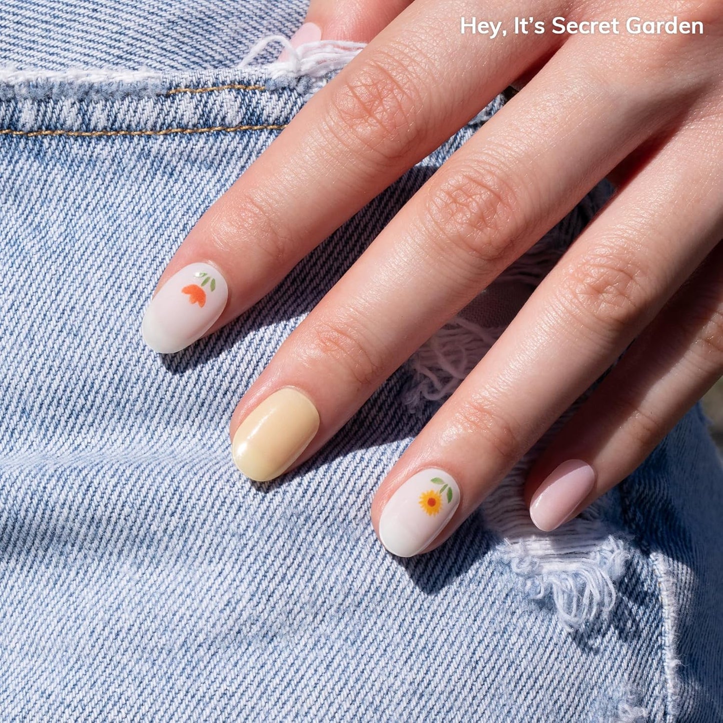 Heyhae Semi Cured Gel Nail Strips - Easy Apply Floral Design, No LED Lamp Needed | 28 Strips, Prep Pads & File Included