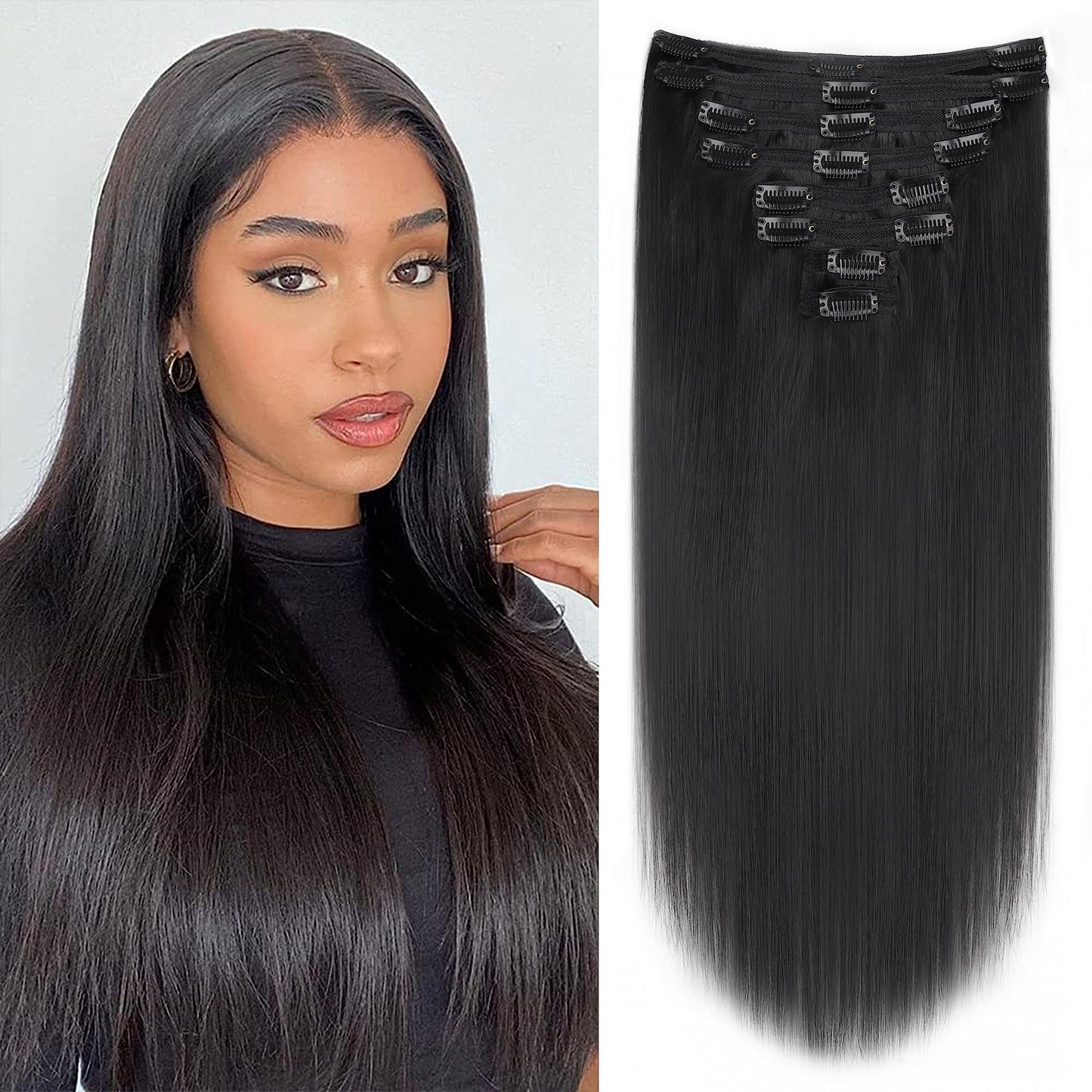 Mihugass Straight Clip In Hair Extensions Human Hair #1B Natural Color Clip Ins Real Human Hair Soft Smooth Blendable Hair Extensions for Black Women 16 Inch 8Pcs 120 Grams/Pack
