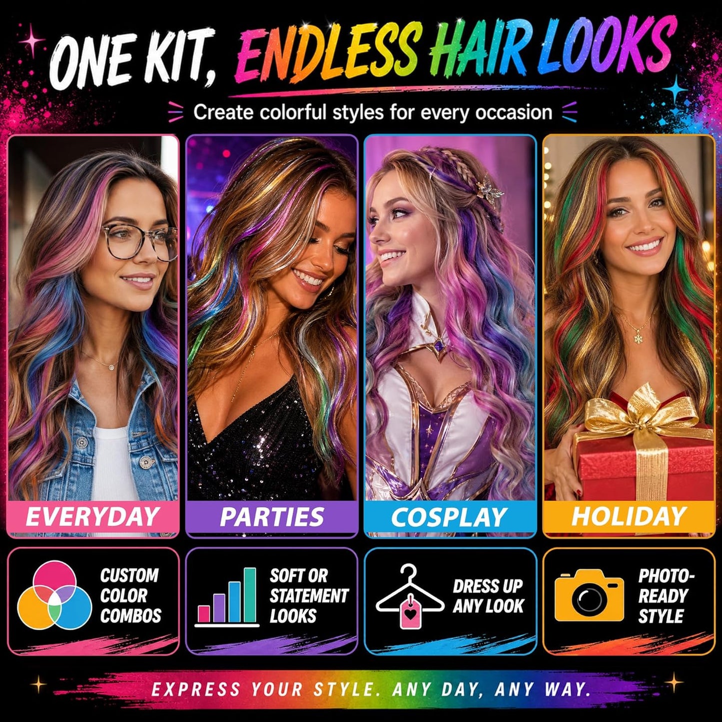 Hair Chalk Set - 16 Washable Colors with 6 Metallic Shades | Fun Temporary Hair Color for Teens & Tweens