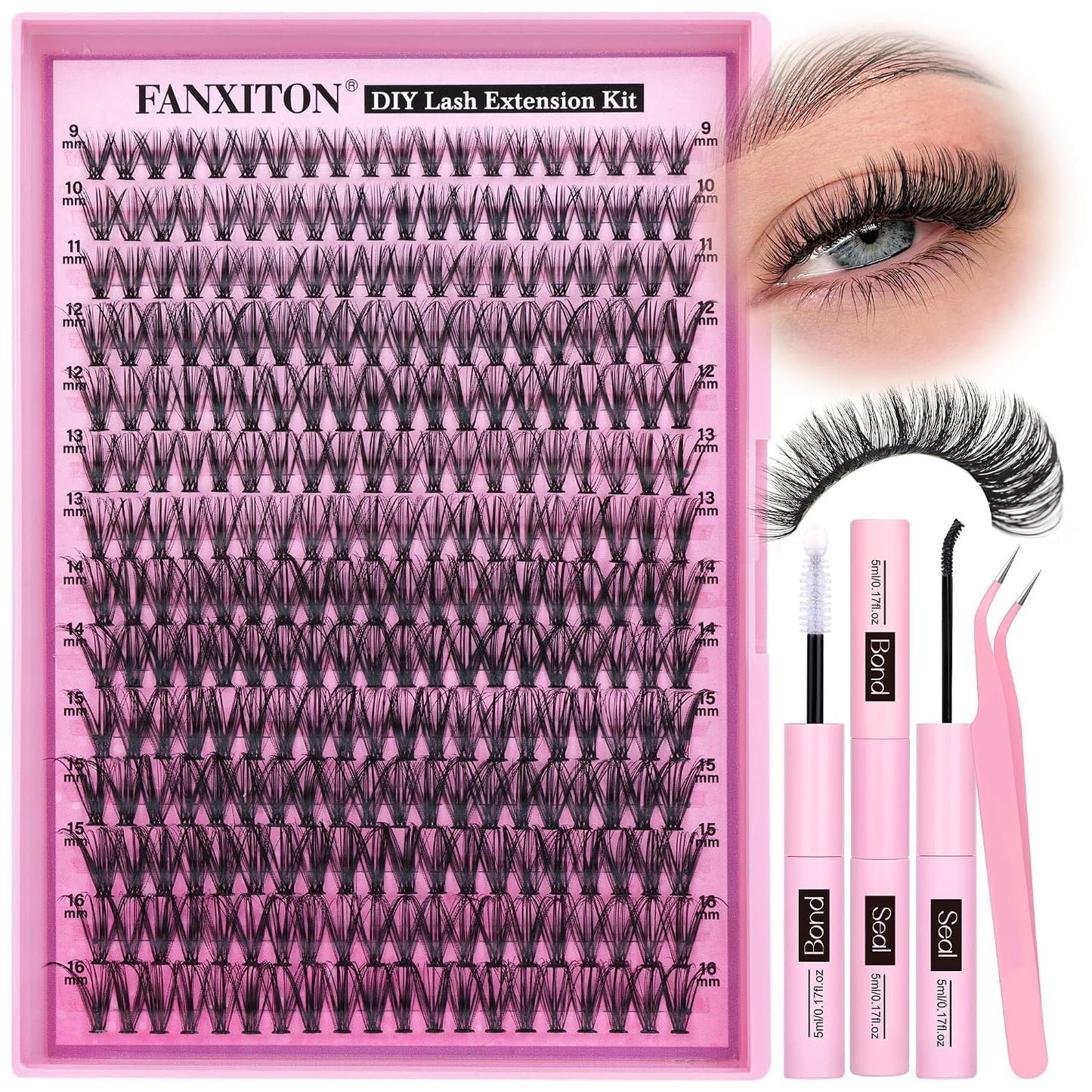 DIY Eyelash Extension Kit - Thick Volume 40D & 50D Cluster Lashes | 280 Pieces with Bond & Tweezers