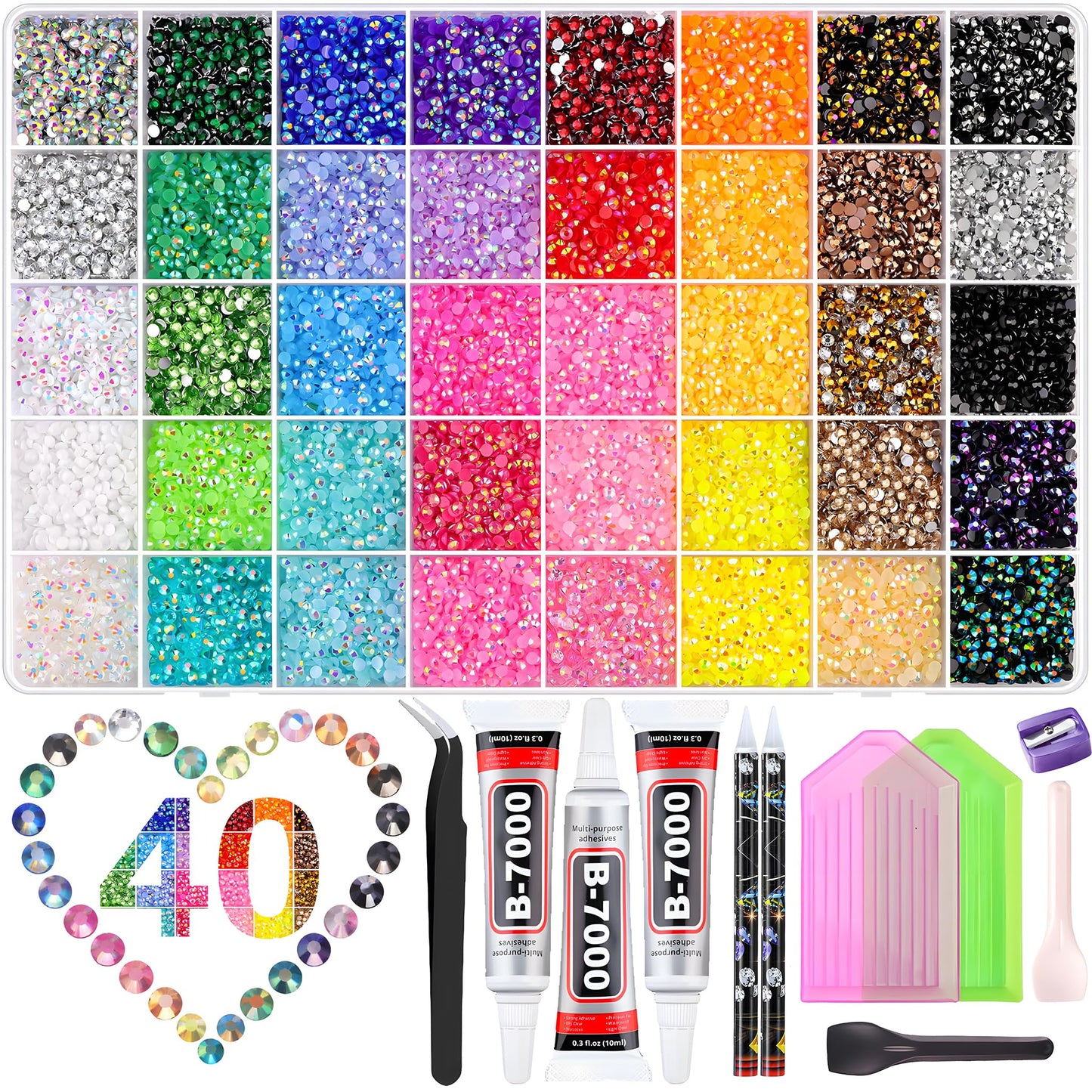 SHATANG Bedazzling Kit with Rhinestones, 40000 Pcs 40 Colors 3mm Flatback Resin Jelly Rhinestones with 3 B7000 Glues and Tools, Large Rhinestone Kit for Tumblers, Shoes, Phone Cases, Crafts