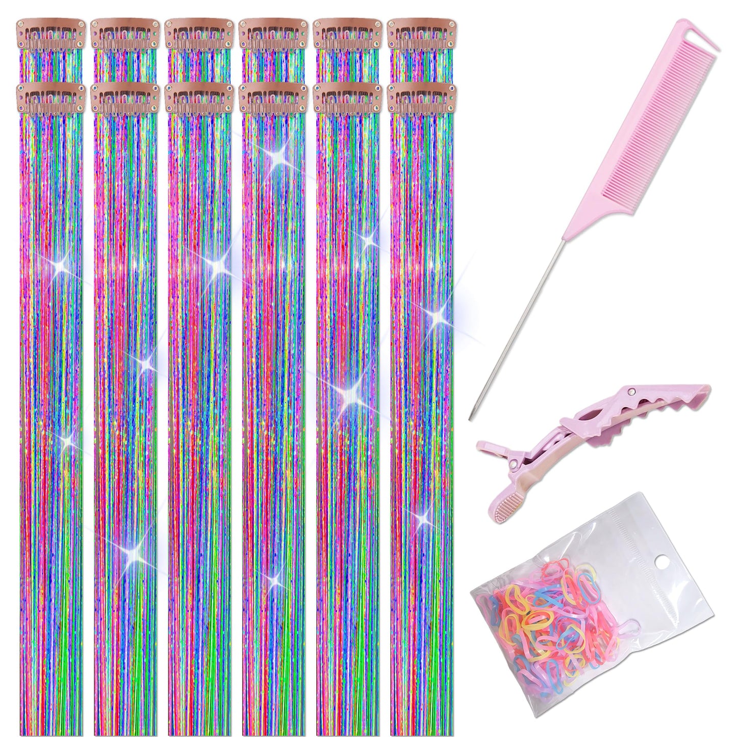 ONROCL Hair Tinsel Clip in Extensions 12Pcs 24 Inch Dreamy Colorful Glitter Hair Tinsel Kit for Fairy Grunge Hair Accessories Women Girls Festival Party Christmas New Year