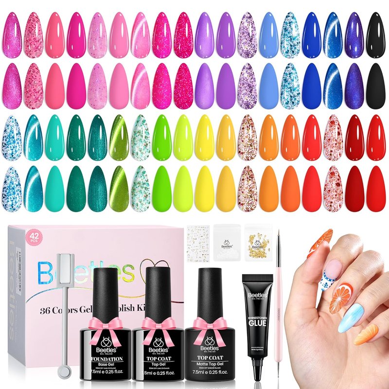 Beetles Gel Nail Polish Kit - 36 Colors Neon Yellow, Orange & Hot Pink | UV LED Soak Off Manicure Set for Women