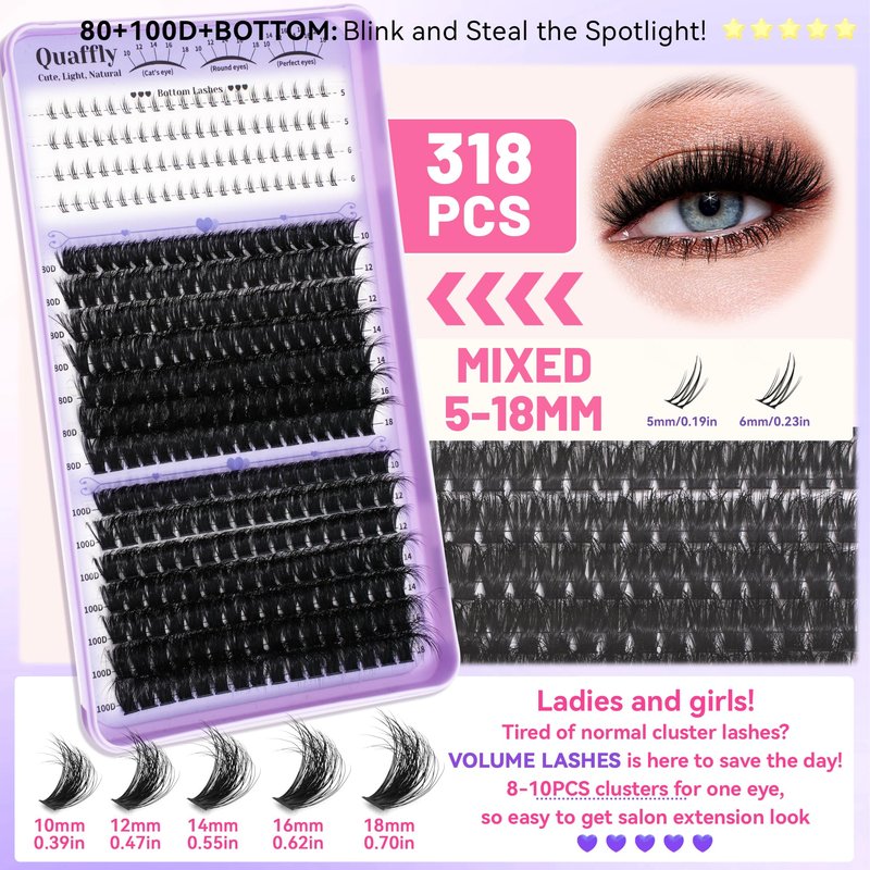 QUAFFLY 1274Pcs Lash Extension Kit 40D+60D+80D+100D+Bottom Lashes+Spike lashes Individual Lash Clusters With Lash Bond&Seal Remover Tweezer Lash Curler for Natural DIY Cluster Eyelash Extensions Kit