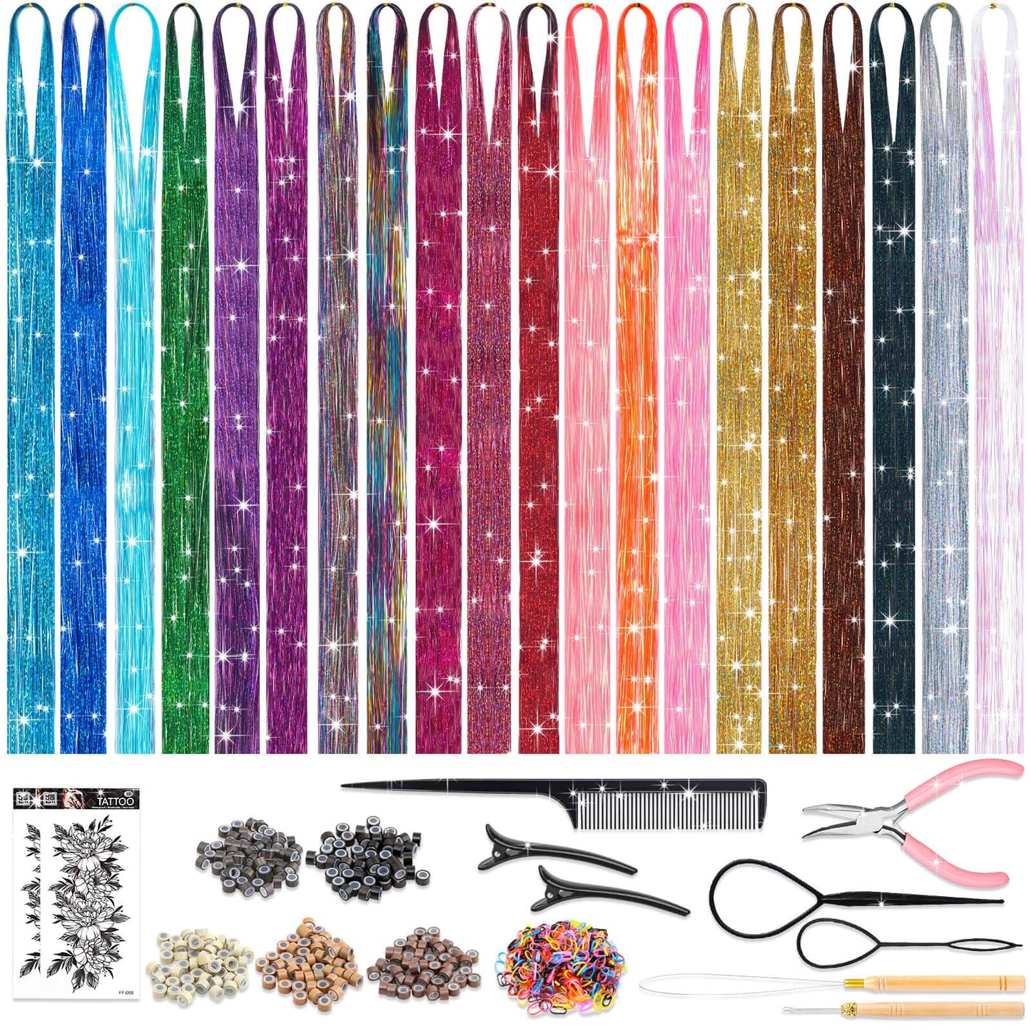 ROADPLUM Hair Tinsel Kit with Tools, 20 Colors 4000 Strands Sparkling Glitter Tinsel Hair, Heat Resistant Shiny Fairy Hair Tinsel Extensions for Women Girls Hair Accessories for Cosplay Party