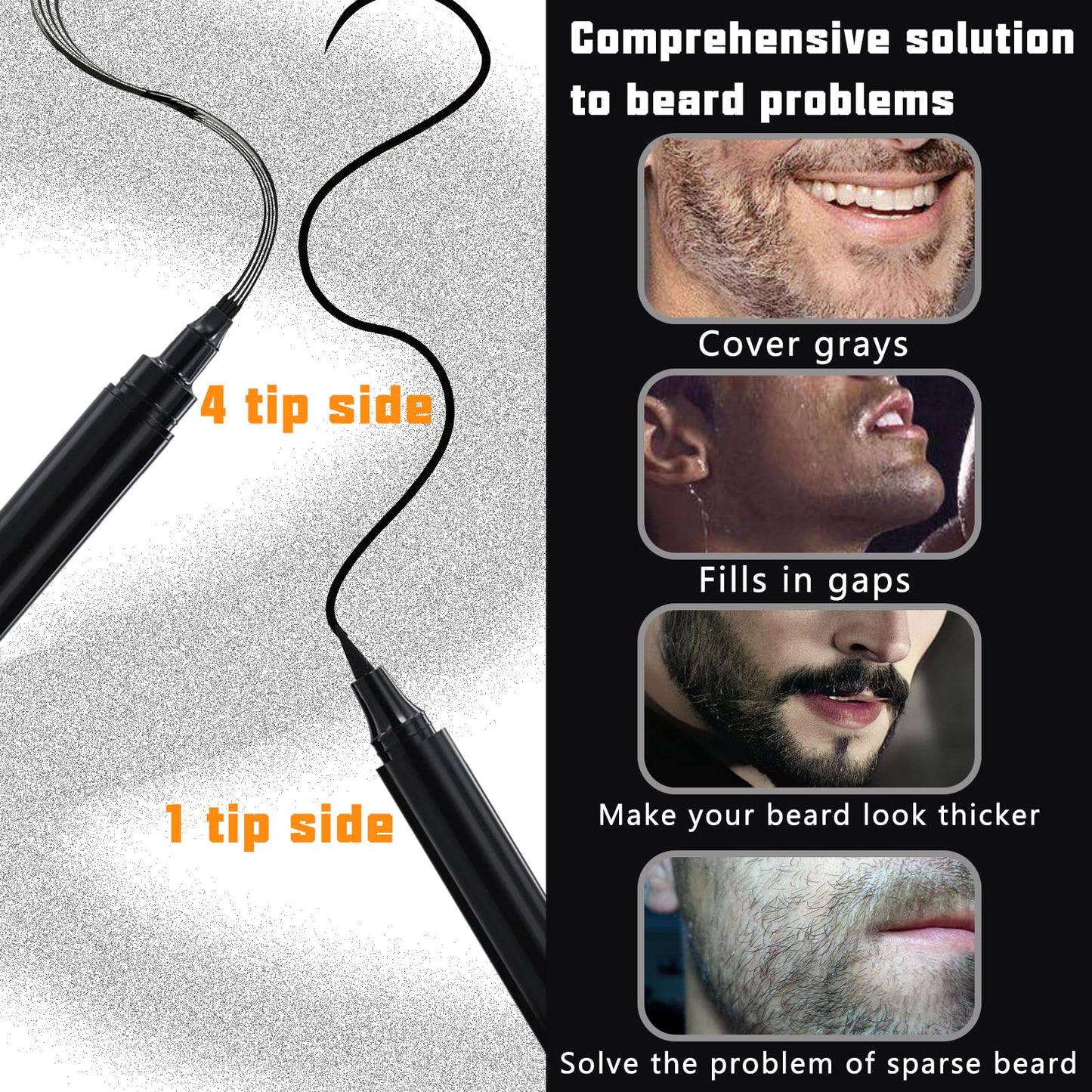 HAIOLORPRO 4PCS Beard Pen Filler and Beard Brush Double Head for Men, Beard Enhancement Barber Pencil Kit Water Proof Long Lasting Coverage, Beard Dye Filler for Eyebrow Hairline Moustache(Black)