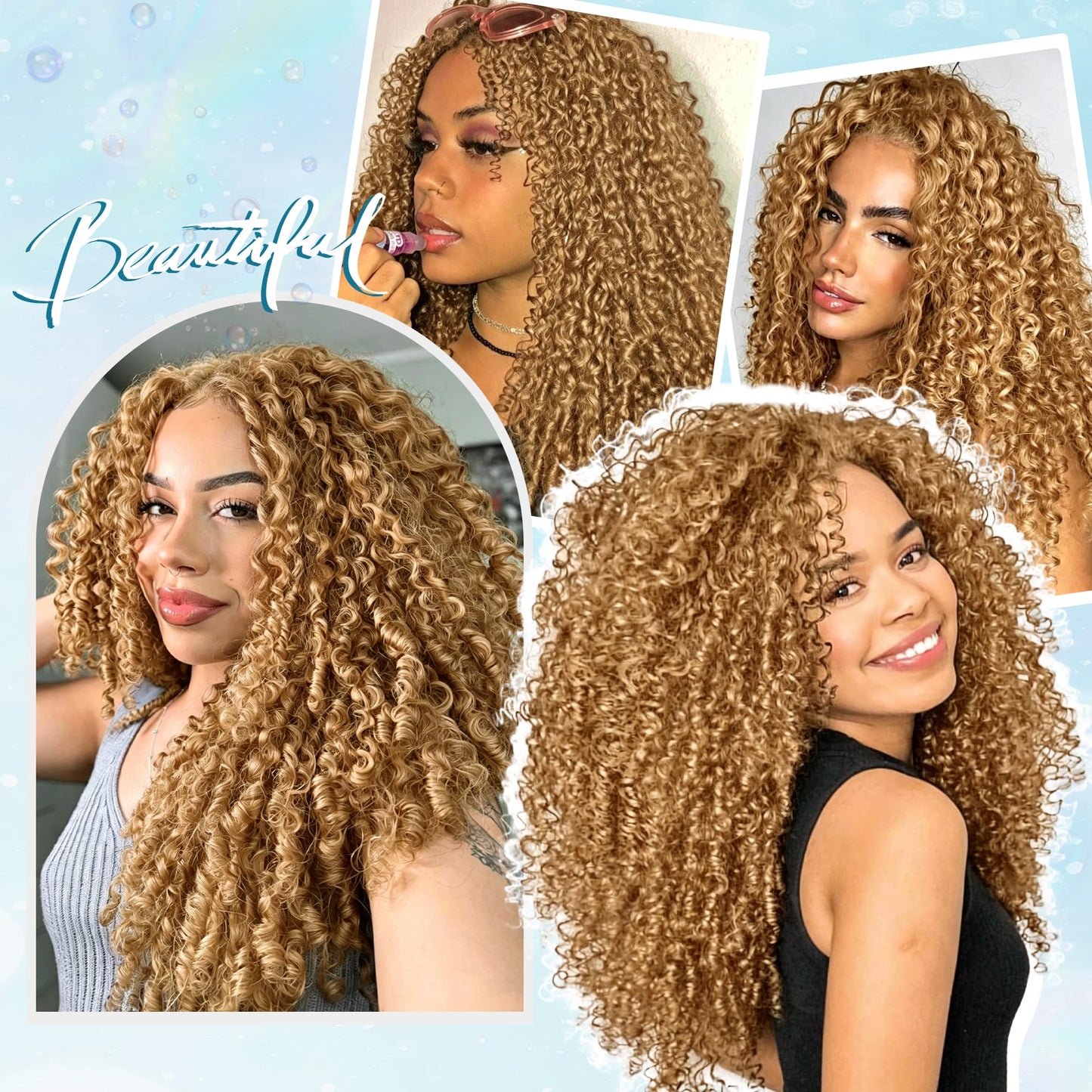 KULYMUWIG Honey Blonde Burmese Curly Crochet Human Hair 22 Inch 180g Pre-Separated Feather Human Crochet Hair Bundles 27# Invisible Miracle Knots Hair Extensions