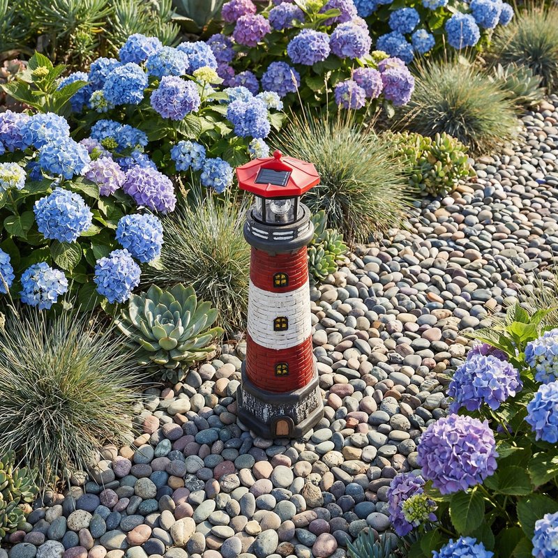 Solar Lighthouse Outdoor Statues, 360° Rotating Beacon Garden Lighthouse, 15" Light House for Outside Garden Yard Decor, Waterproof Resin Nautical Figurines for Patio Lawn Landscape Lighting (Red)