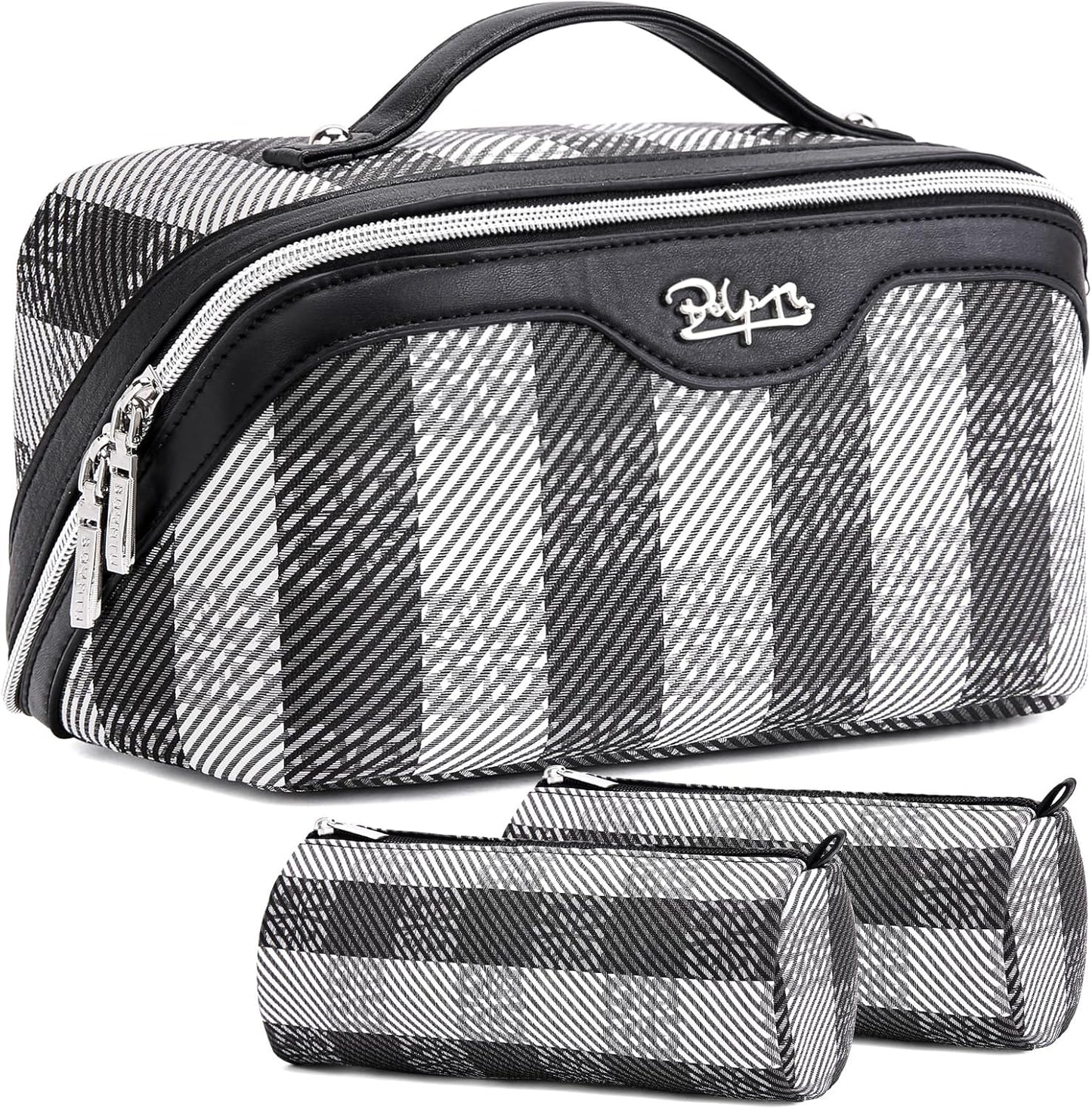 Travel Makeup Bag Organizer Set - 3 Pcs Waterproof Vegan Leather Cosmetic Bags for Women | Black