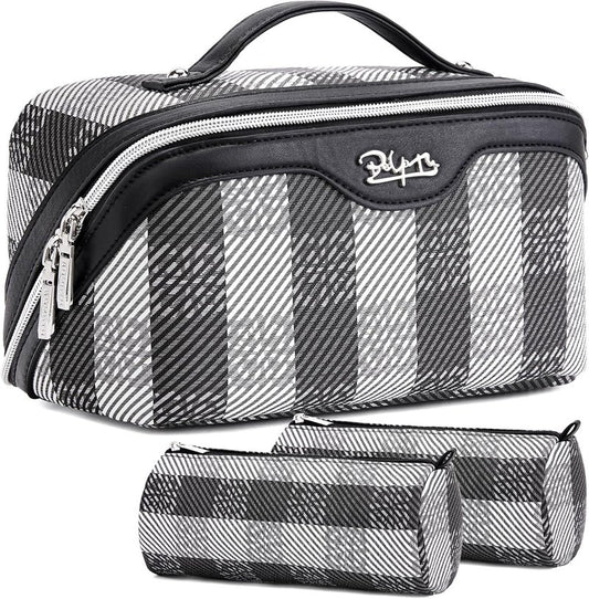 Travel Makeup Bag Organizer Set - 3 Pcs Waterproof Vegan Leather Cosmetic Bags for Women | Black