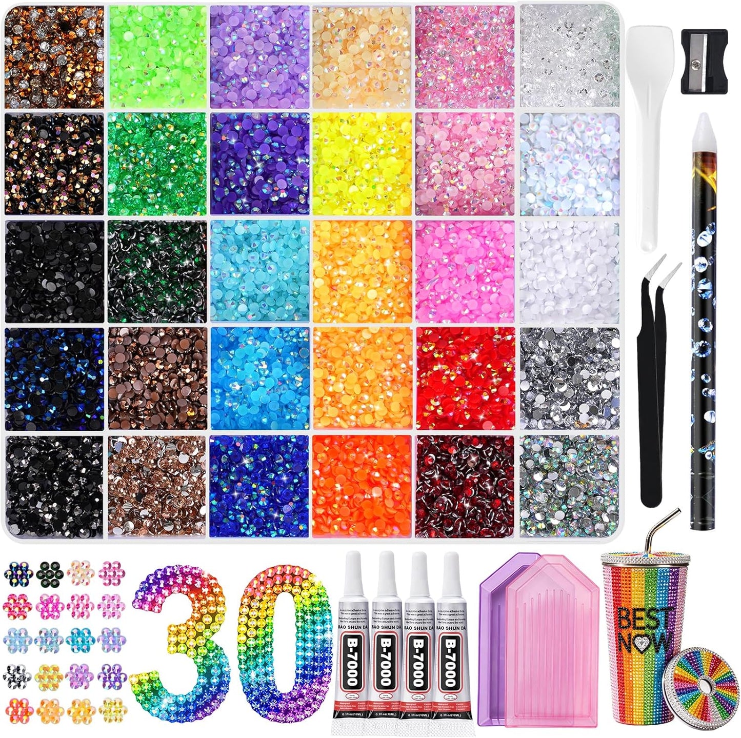 Resin Jelly Rhinestones - 40000 Pcs Flatback 3mm Gems | 30 Colors + 4 Pcs B7000 Jewelry Glue & Tools for Nail Art & Crafting