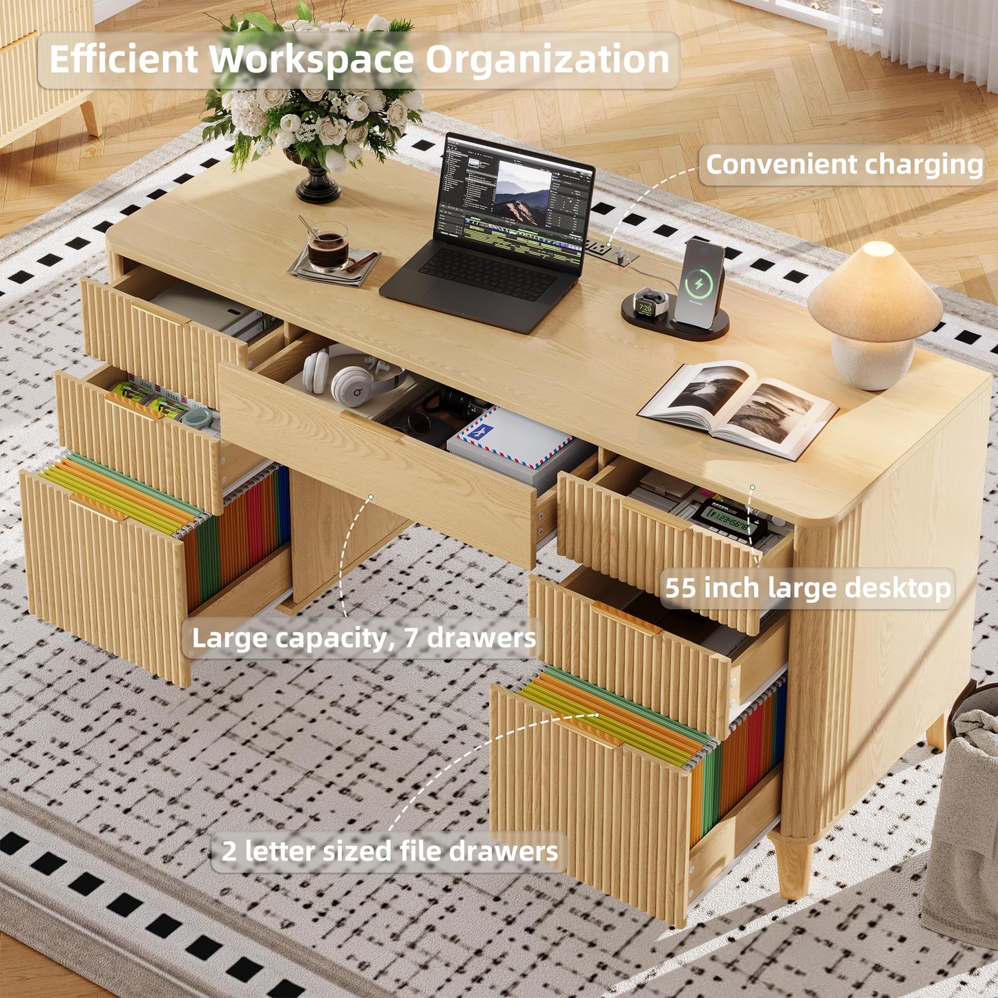 Oxirth 55.1" Fluted Executive Desk with Drawers, Wood Computer Desk with Storage Cabinet, Home Office Desk with Charging Station, Farmhouse Desk with File Cabinet for Office Home (Nature)