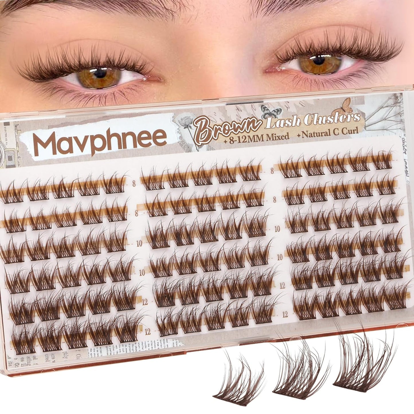Anime Cluster Lashes - Brown Wispy Eyelash Extensions | C-Curly Spiky Manga DIY Pack (108 Pcs, 10-16MM)