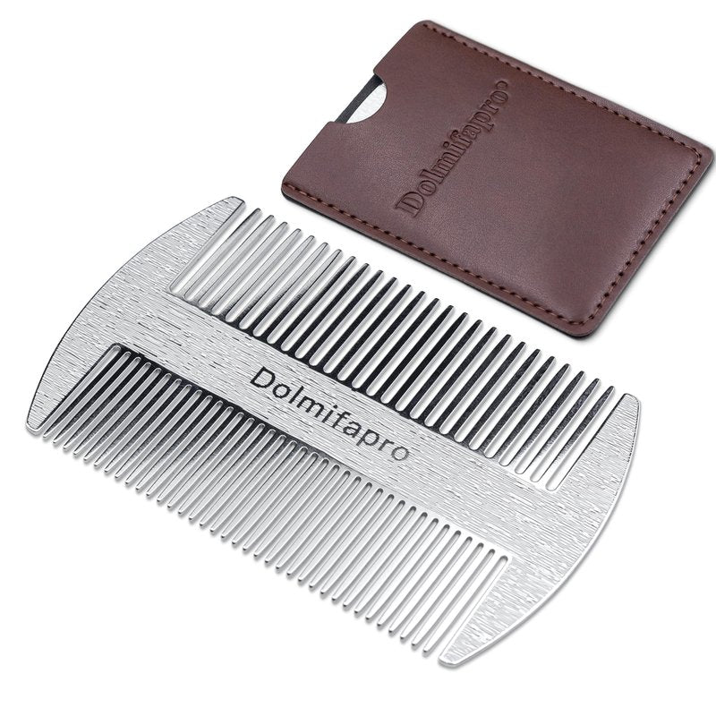 Dolmifapro 304 Stainless Steel Pocket Beard Comb for Men, Anti-Static Dual Fine Coarse Teeth Ultra-Thin Mustache Hair Grooming Comb with PU Leather Case (silvery)