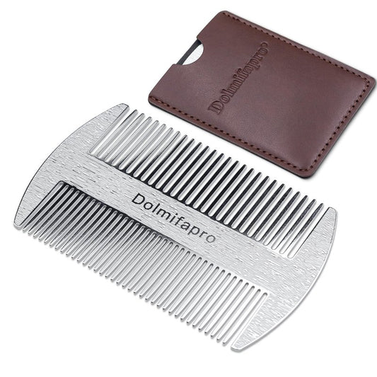 Dolmifapro 304 Stainless Steel Pocket Beard Comb for Men, Anti-Static Dual Fine Coarse Teeth Ultra-Thin Mustache Hair Grooming Comb with PU Leather Case (silvery)
