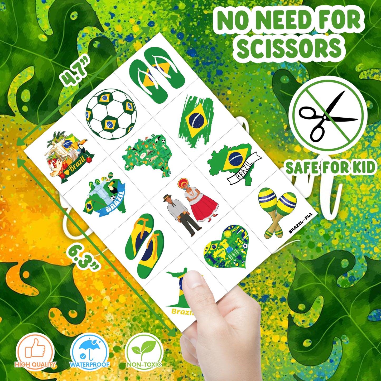 96 PCS Brazil Temporary Tattoos for Kids - Brazilian Flag Soccer Theme Birthday Party Favors, Carnival Decorations, Waterproof Fake Tattoo Stickers for Boys Girls Goodie Bags