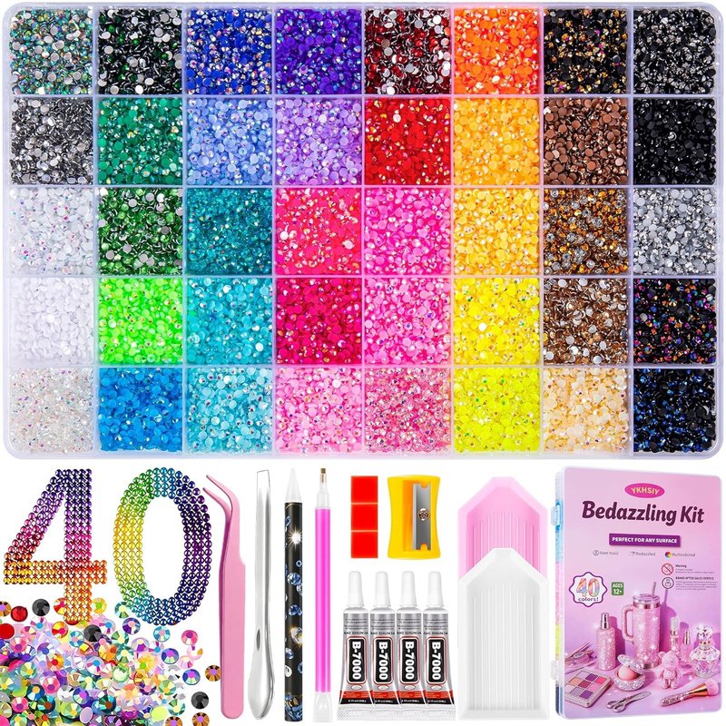Resin Jelly Rhinestones Kit - 40000 Pcs 3mm Flatback Gems for Diamond Art | 40 Colors with 4Pcs B7000 Glue & Tools for DIY Nail Art