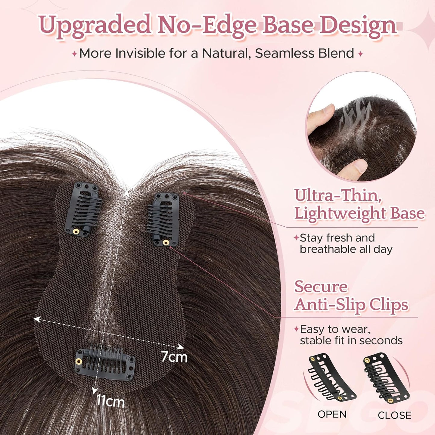 Real Human Hair Toppers for Women - Hand-Tied Clip-In Hairpieces with Side Bangs | 11-Inch Dark Brown
