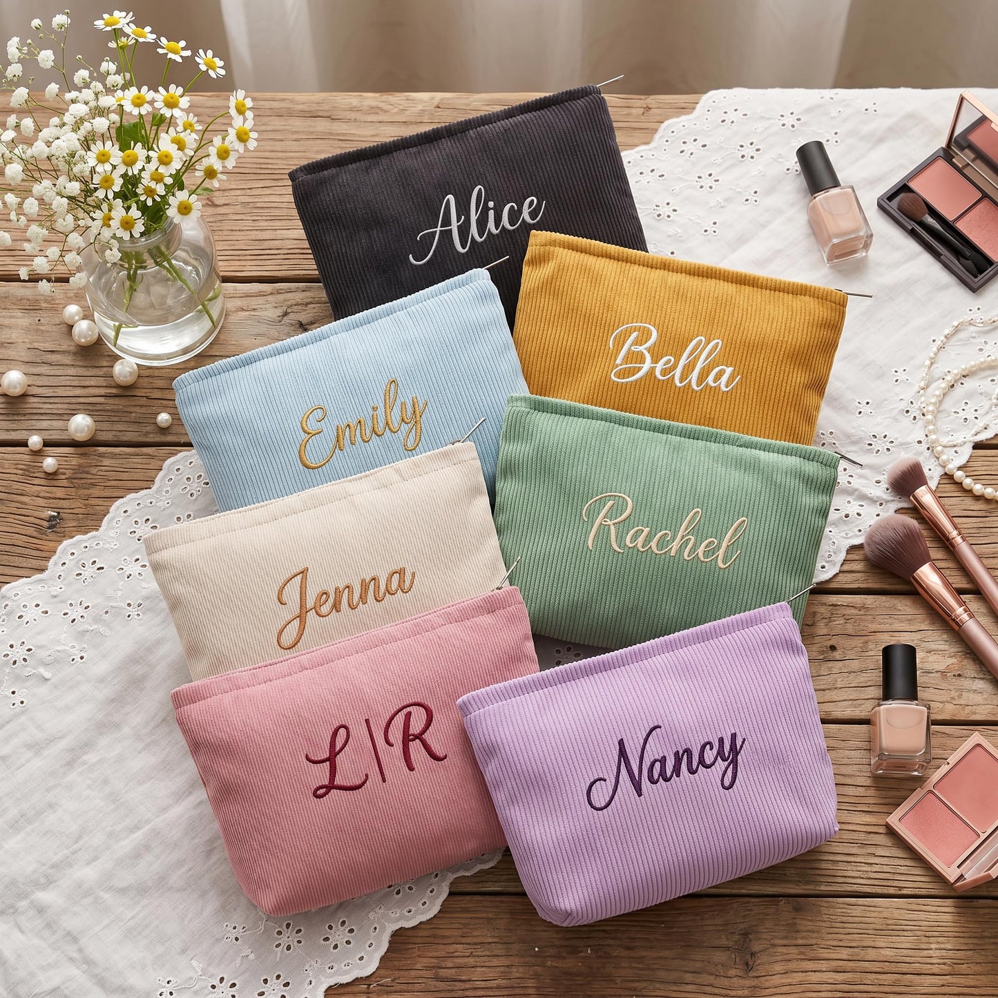 Taikuri Personalized Corduroy Makeup Bag Custom Embroidered Cosmetic Pouch with Name, Travel Pouch for Women, Bridesmaid Gift, Wedding Bachelorette Party Favor