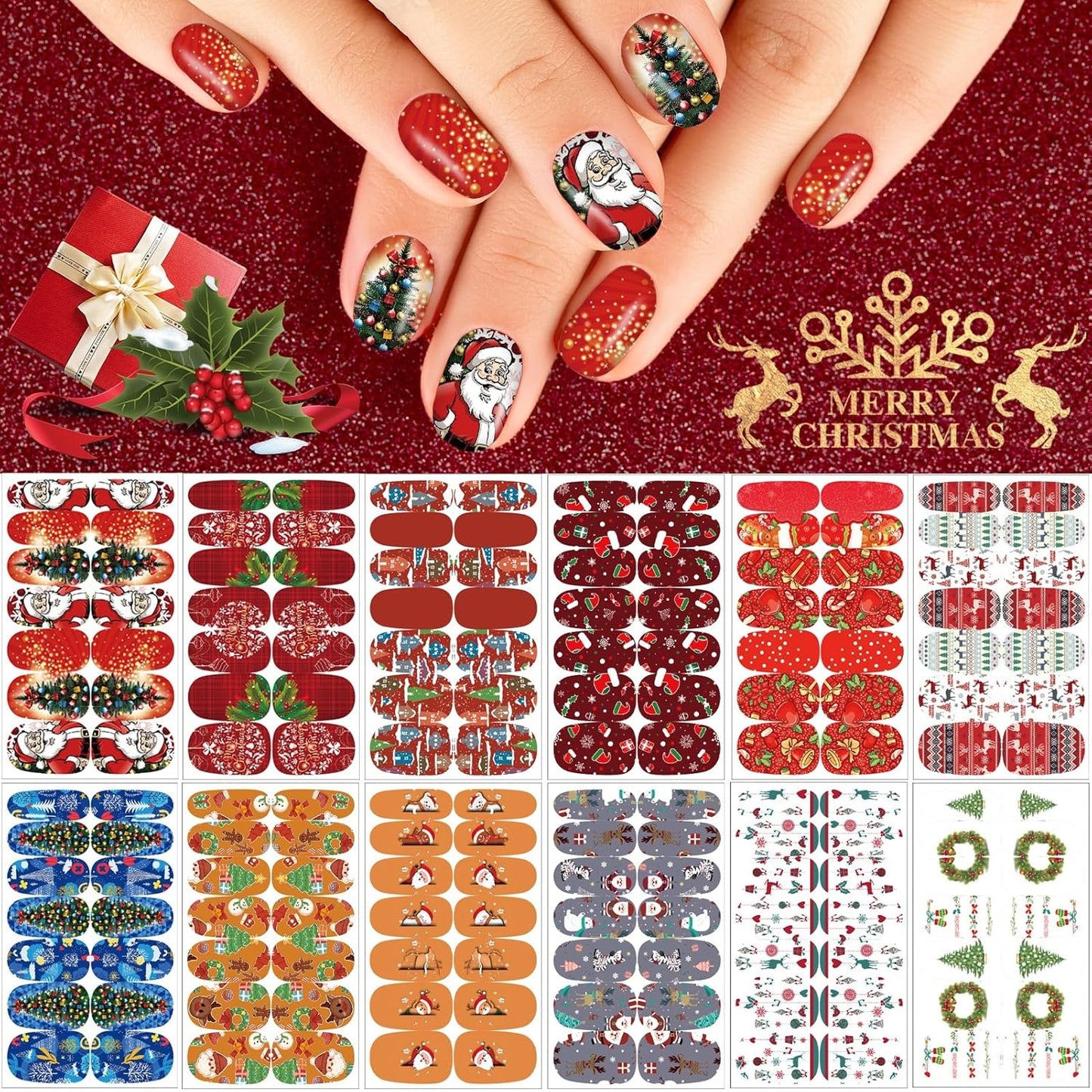 Christmas Nail Wraps - DIY Self-Adhesive Nail Art Stickers with Santa & Snowflake Designs | 12 Sheets & 2 Nail Files