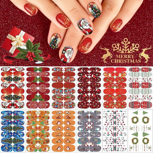 Christmas Nail Wraps - DIY Self-Adhesive Nail Art Stickers with Santa & Snowflake Designs | 12 Sheets & 2 Nail Files