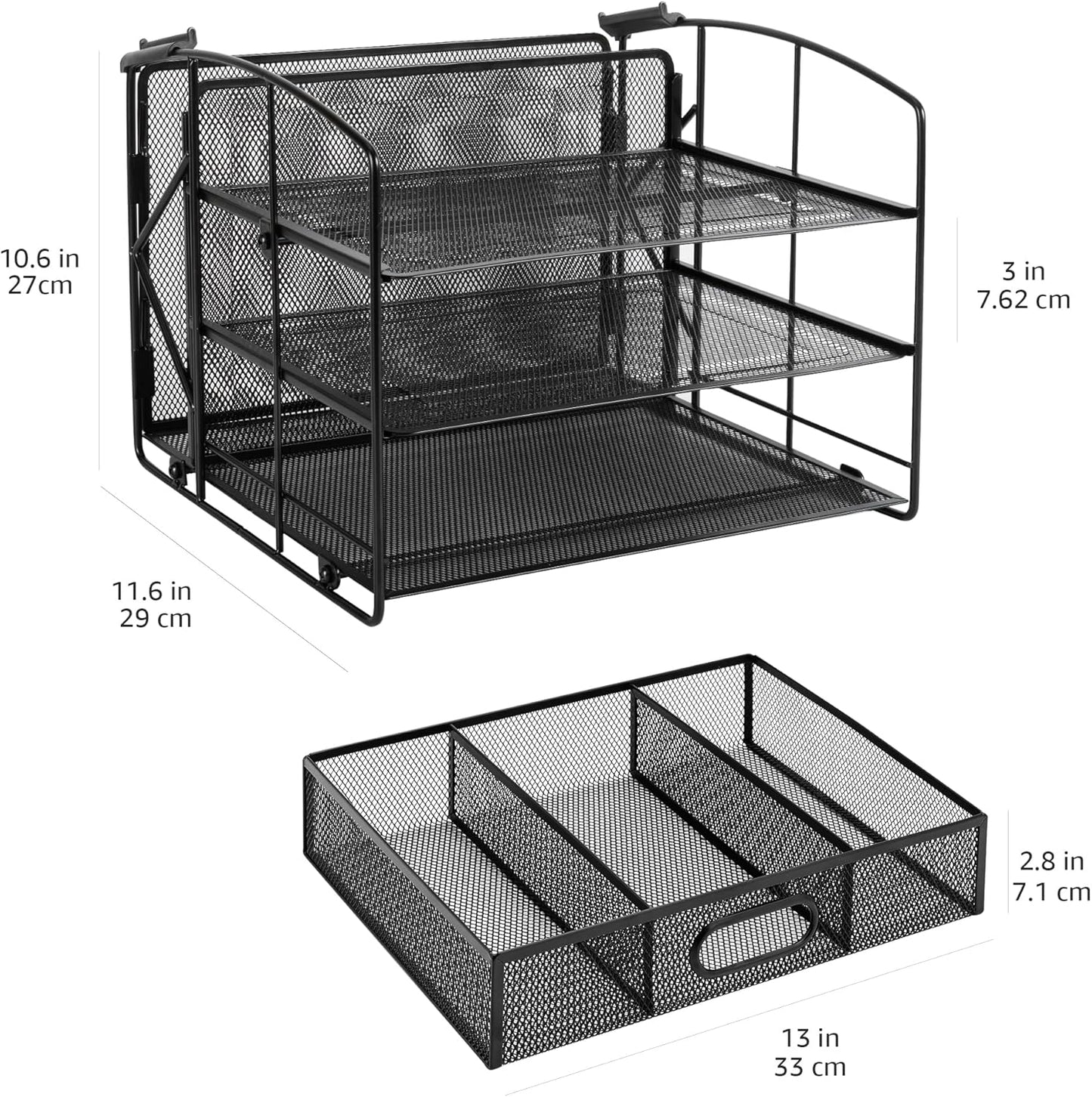 Sturdy Rectangular Desktop Organizer - 3 Trays, Sliding Drawer & File Holder | Black Office Supply Storage