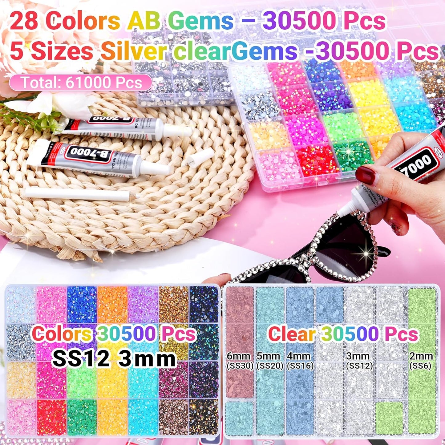 Jelly Rhinestones Kit - 61000 Pcs Multicolor & Silver Flatback Gems | 3mm, 2/3/4/5/6mm for Crafting & Bedazzling