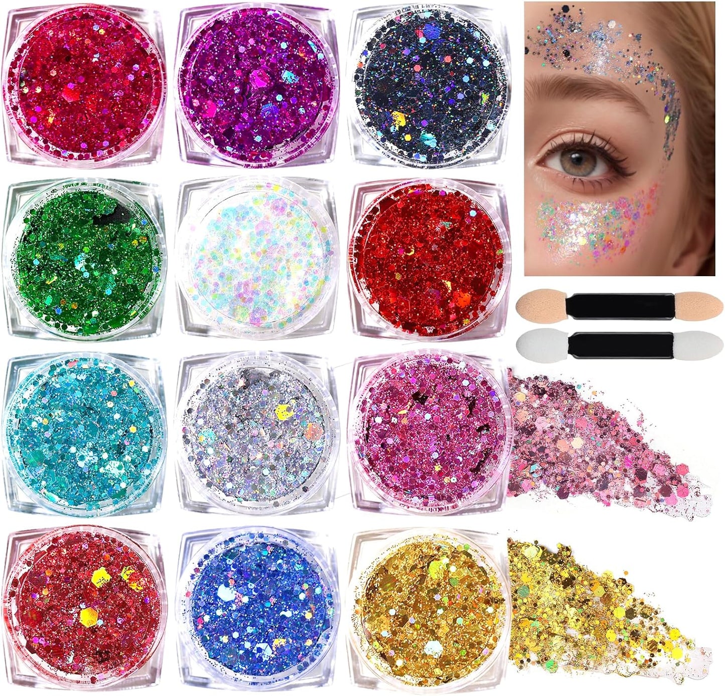Body Glitter Gel - 12 Colors Festival Makeup for Face & Hair | Sparkling Body Glitter