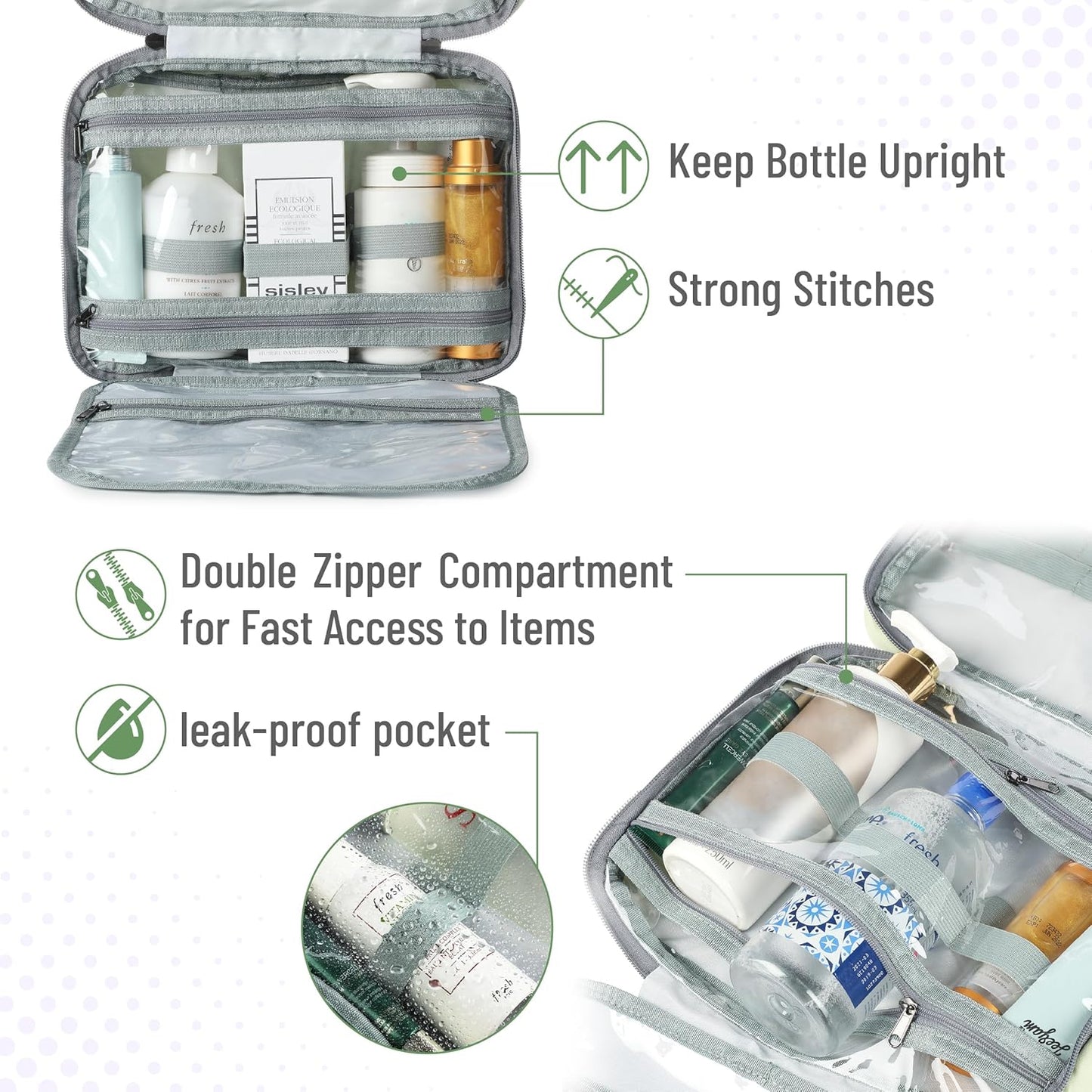 Travel Toiletry Bag Organizer - Green Makeup Bag with Hanging Hook | Water-Resistant Design