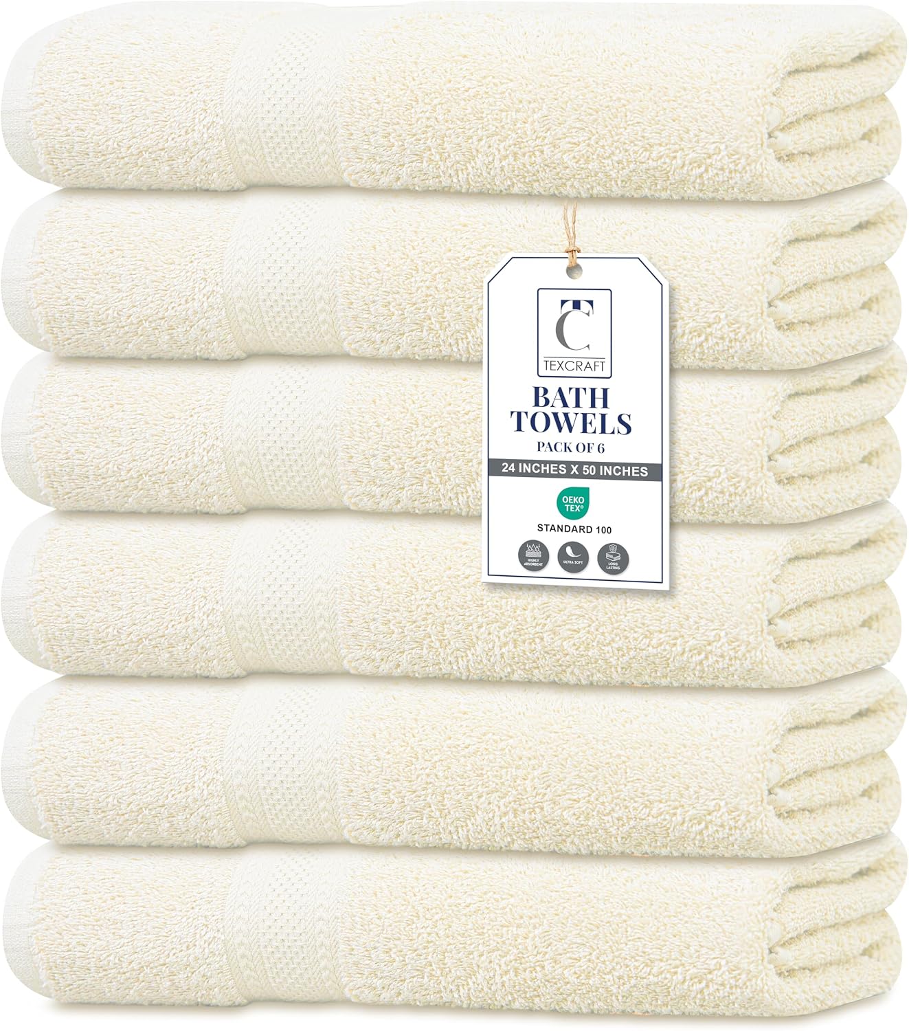 Large Bath Towels Set of 6 - 100% Cotton Terry, Quick Dry & Soft - 24" x 50", Grey for Bathroom, Gym & Spa