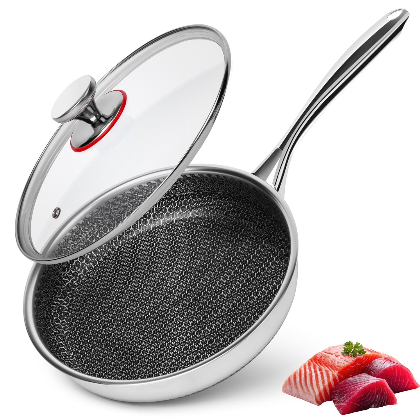 Nonstick Frying Pan 12 Inch with Lid, Stainless Steel Honeycomb Nonstick Skillet, Tri-Ply PFAS Free Cookware, Induction Fry Pan, Oven & Dishwasher Safe, Compatible with All Cooktops