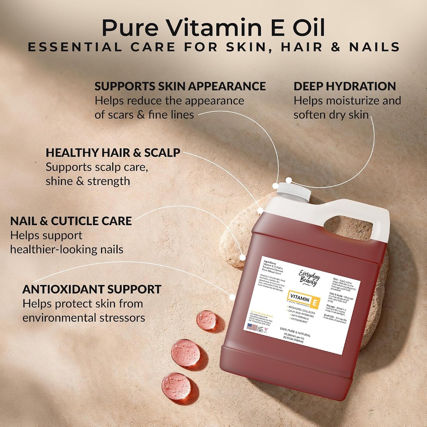 Vitamin E Oil - 32 oz D-Alpha Tocopherol 100% Pure & Natural | Thick Amber Color for Face, Body & Hair Care